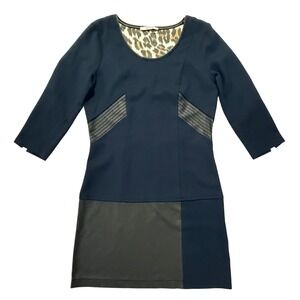 SFIZIO Made in Italy Dress Navy Blue Black Faux Leather Shift t 3/4 Sleeve (207)